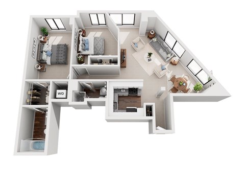A 3D floor plan of a house with multiple rooms and furniture.
